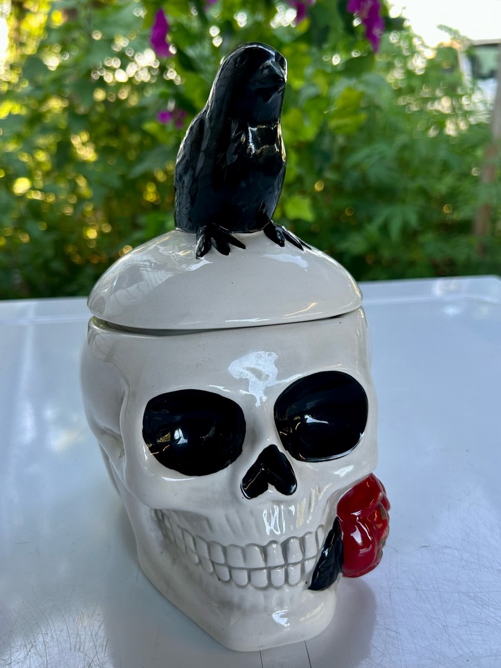 Ceramic Skull Jar with Crow Lid . Spooky Hollow brand